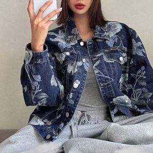 Floral Print Dark Blue Denim Jacket - Women's Jean Jacket